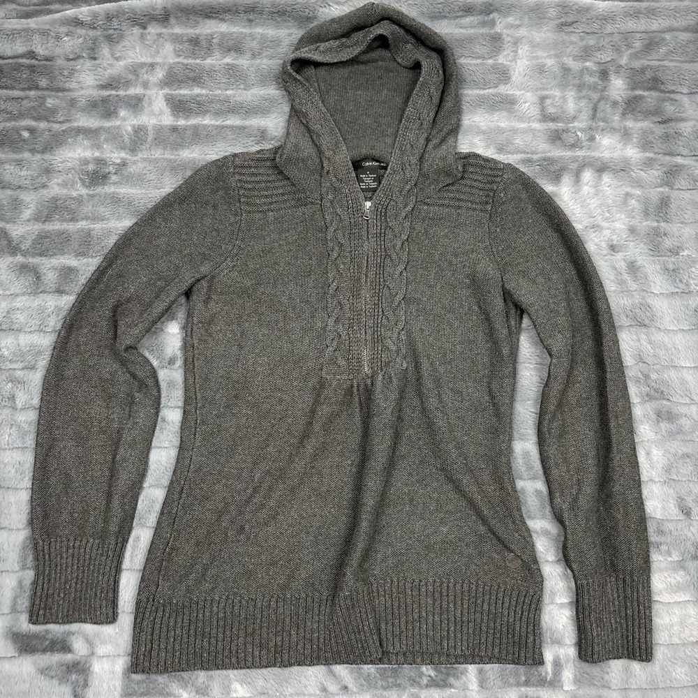 Calvin Klein Jeans Womens Gray Cable Knit Half Zip Hoodie Sweater Size M 8129
